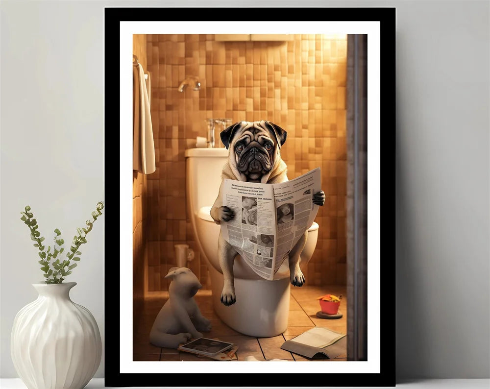 Bathroom Decor Colorful Animals Giraffe Bear Lion Reading Newspaper on Toilet Canvas Poster Fun Wall Art Print Painting Mural