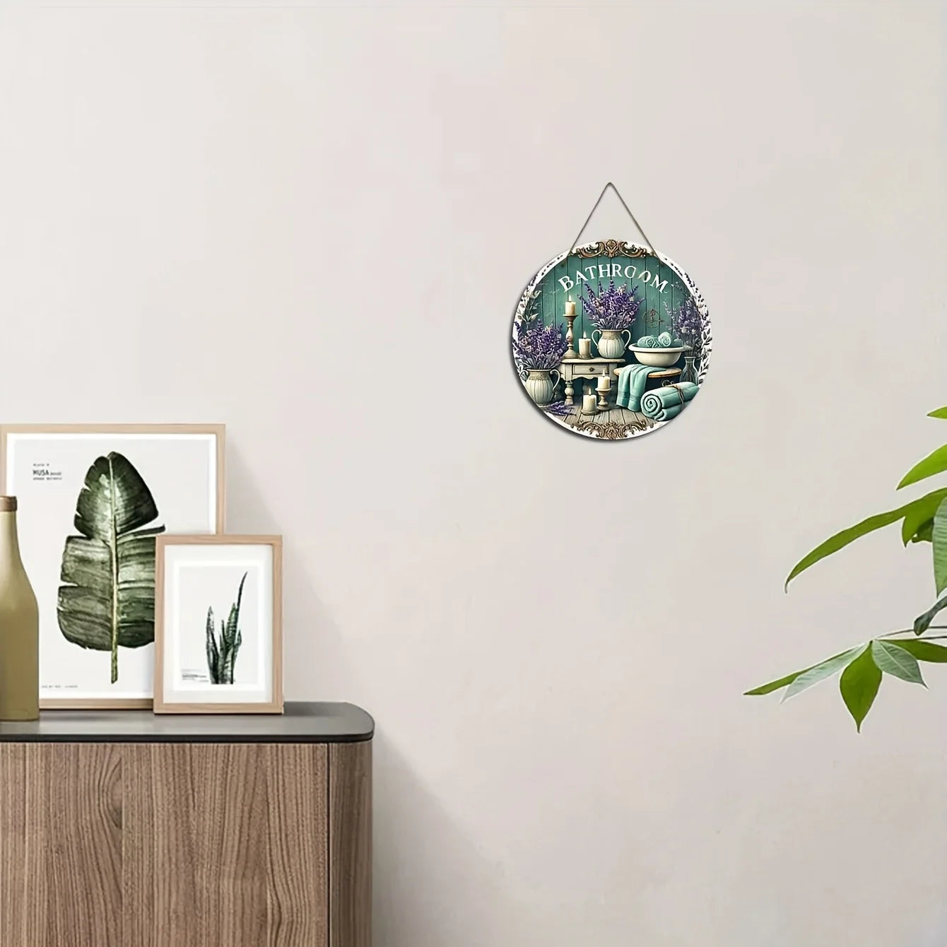 Rustic Style Wooden Bathroom Wall Decor - Lavender and Candle Theme, Round Wooden Sign with the Word "Bathroom" on It, Vintage Home Accent, Cozy and Inviting Bathroom Decor, Decorative Storage Cabinet | Classic Wall Panels |