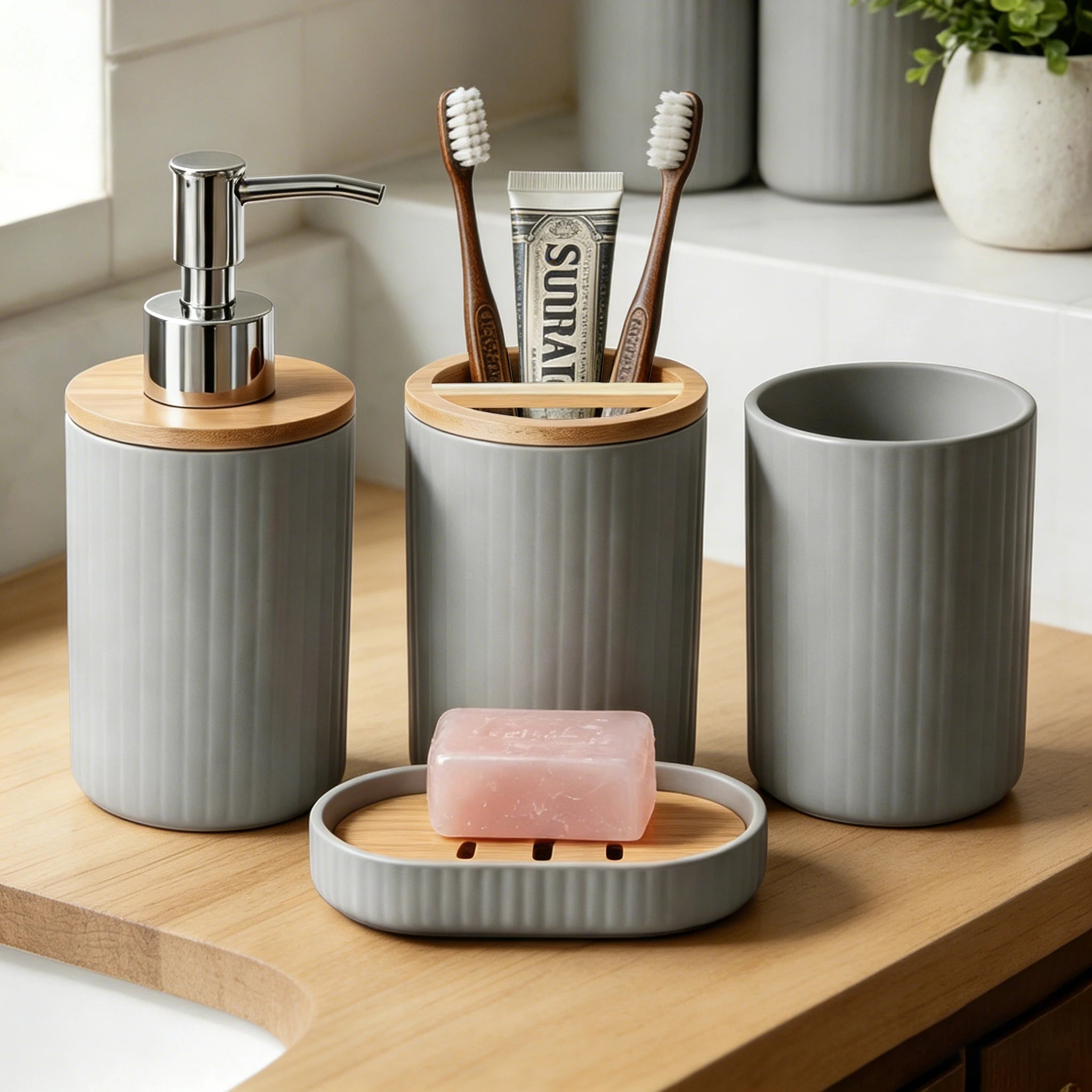 Creative Bathroom Accessory with Soap Dispenser, Toothbrush Holder, Wash Cup and Soap Box, Functional Bath Decor for Home, Apart
