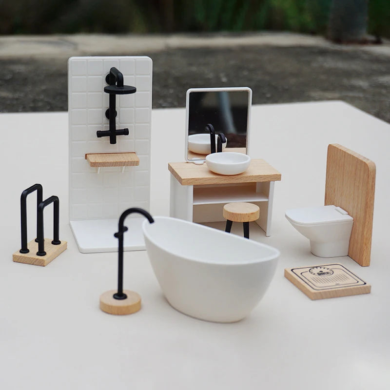Scale 1/12 Dollhouse Bathroom Decor: Miniature Washbasin, Tub, Toilet Furniture; Creative Dollhouse Accessories