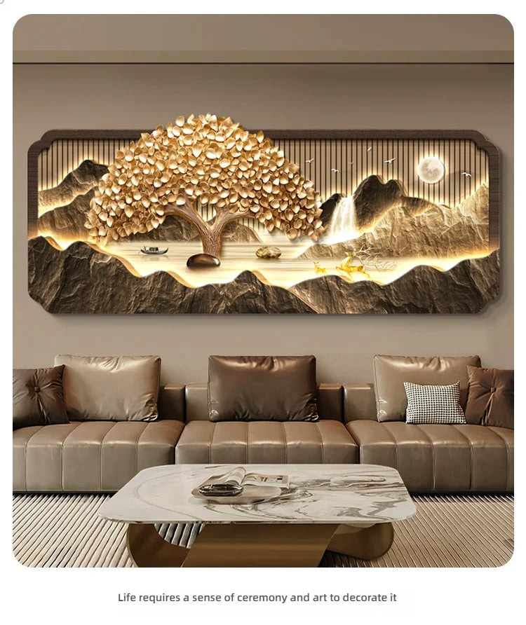 2025 Living Room Decoration Painting LED Lights Wealth Tree Sofa Background Wall Mural High-End Tea Room Office Hanging Painting