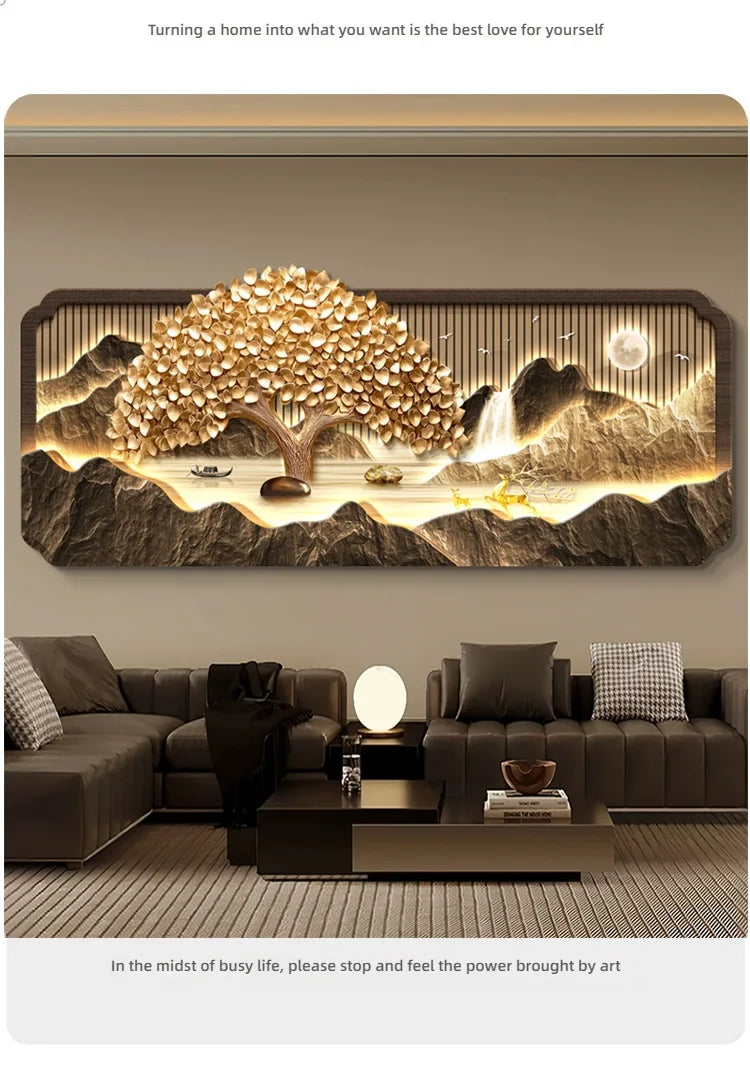 2025 Living Room Decoration Painting LED Lights Wealth Tree Sofa Background Wall Mural High-End Tea Room Office Hanging Painting