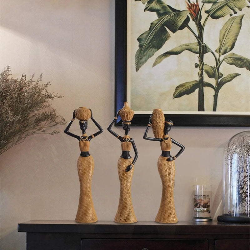 African Tribal Home Decor, Vintage Woven Pattern Resin Sculpture, Bohemian Living Room Entryway Decoration for Bar Table