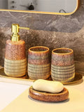 4 PCS Brown Bathroom Unique Decor Set Accessories Includes Countertop Soap Dispenser Bar Soap Dish Tumbler and Toothbrush Holder
