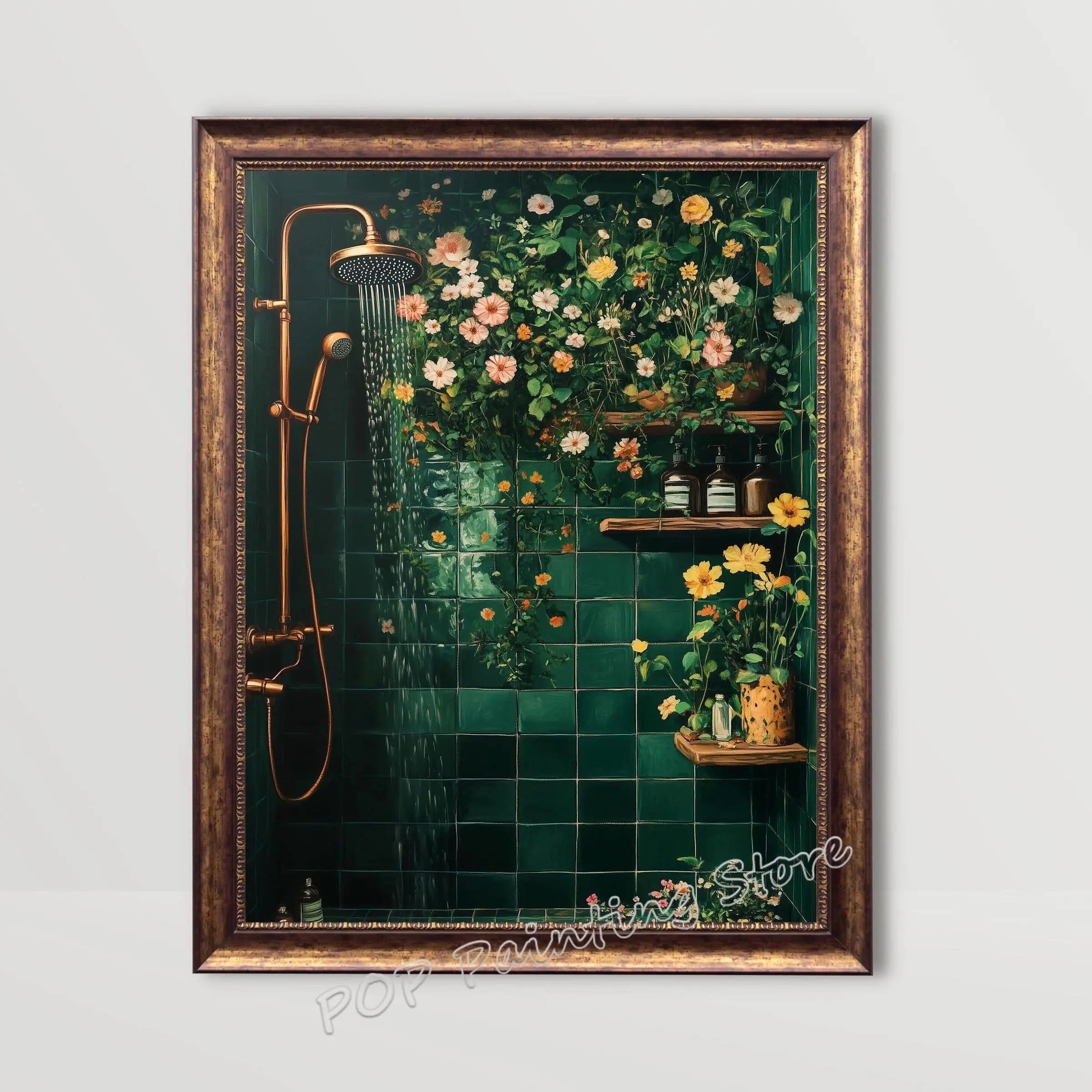 Whimsical Floral Design Bathroom Wall Art Botanical Nature Print Vibrant Green Colors Canvas Modern Restroom Powder Room Decor