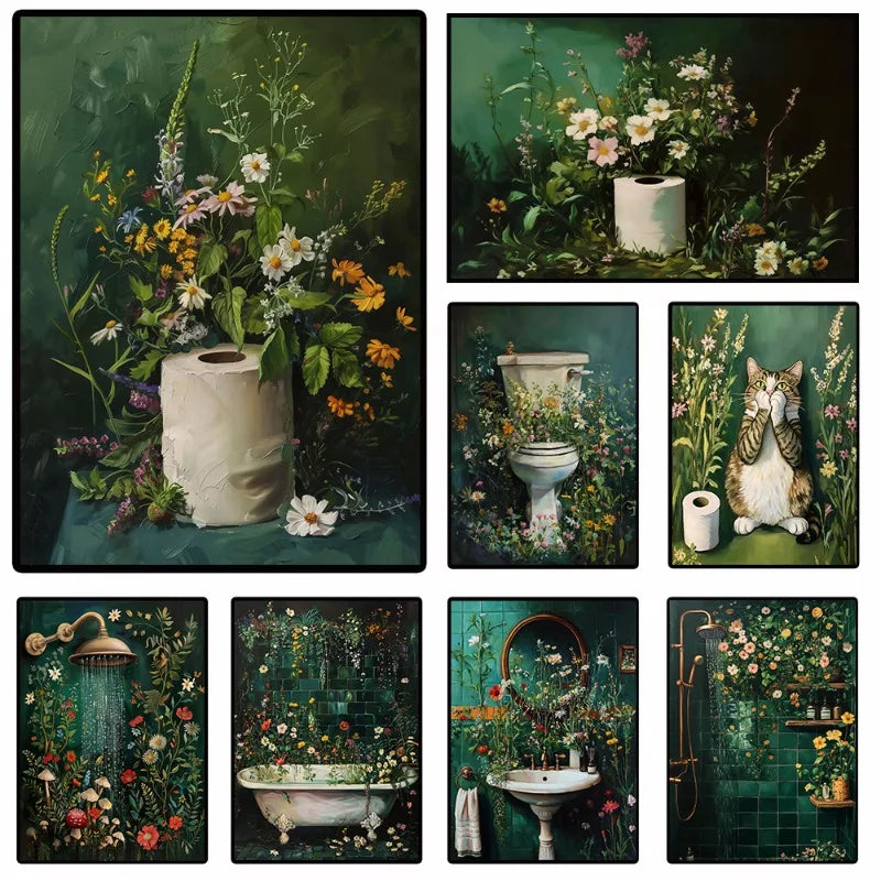 Whimsical Floral Design Bathroom Wall Art Botanical Nature Print Vibrant Green Colors Canvas Modern Restroom Powder Room Decor
