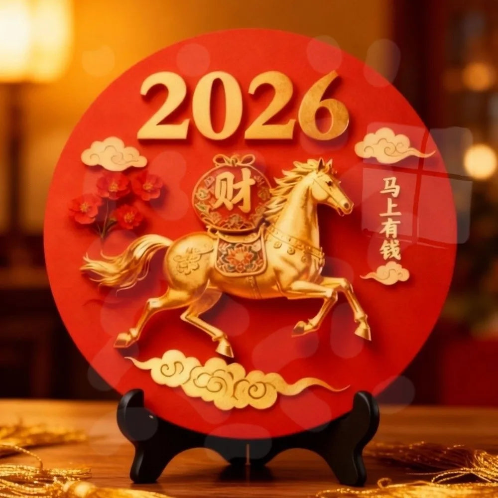Horse Year Decorative Paintings Ornament Round Good Luck Desktop Ornament Wooden Funny Home Decor Ornament TV Cabinets