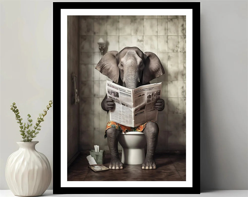 Bathroom Decor Colorful Animals Giraffe Bear Lion Reading Newspaper on Toilet Canvas Poster Fun Wall Art Print Painting Mural