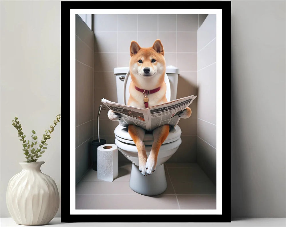 Bathroom Decor Colorful Animals Giraffe Bear Lion Reading Newspaper on Toilet Canvas Poster Fun Wall Art Print Painting Mural