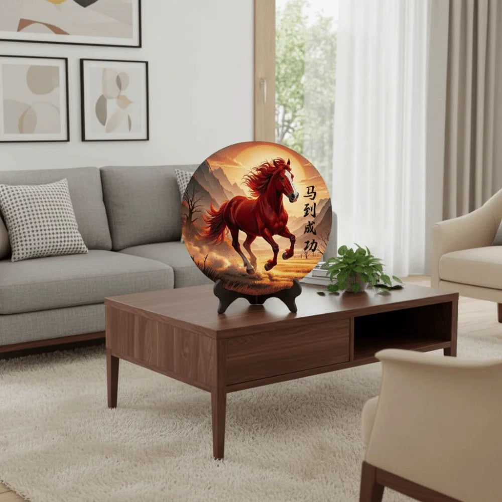 Horse Year Decorative Paintings Ornament Round Good Luck Desktop Ornament Wooden Funny Home Decor Ornament TV Cabinets