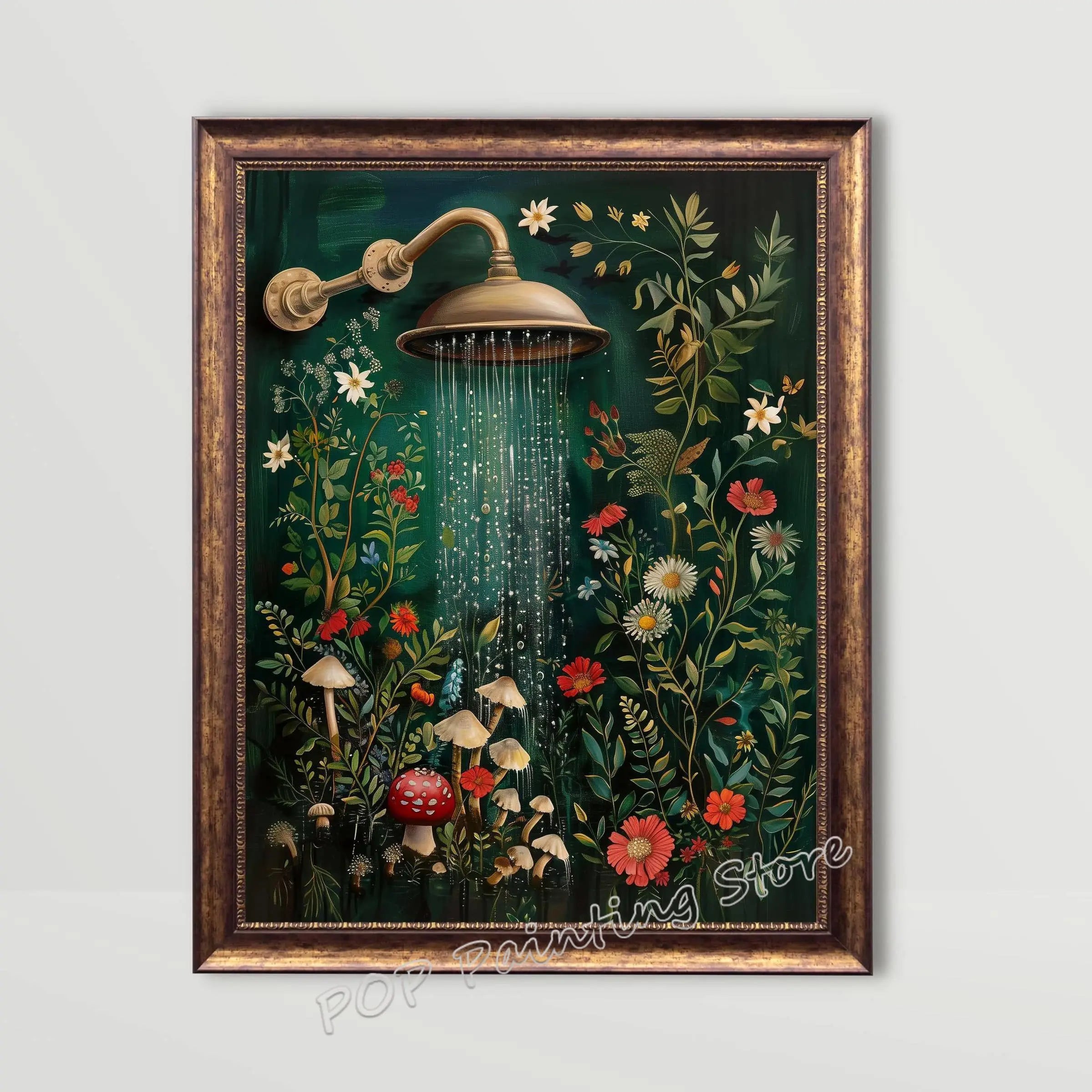 Whimsical Floral Design Bathroom Wall Art Botanical Nature Print Vibrant Green Colors Canvas Modern Restroom Powder Room Decor