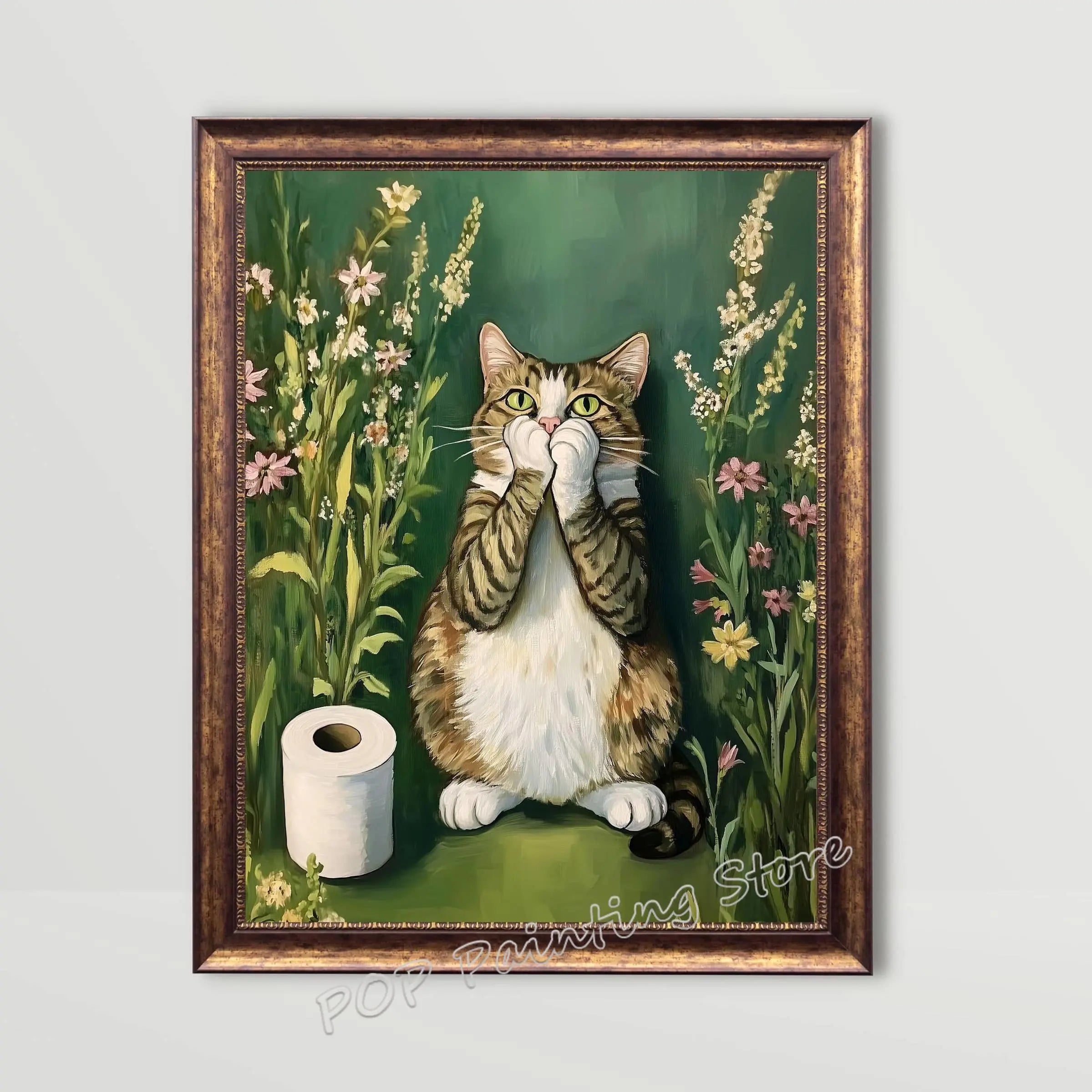 Whimsical Floral Design Bathroom Wall Art Botanical Nature Print Vibrant Green Colors Canvas Modern Restroom Powder Room Decor