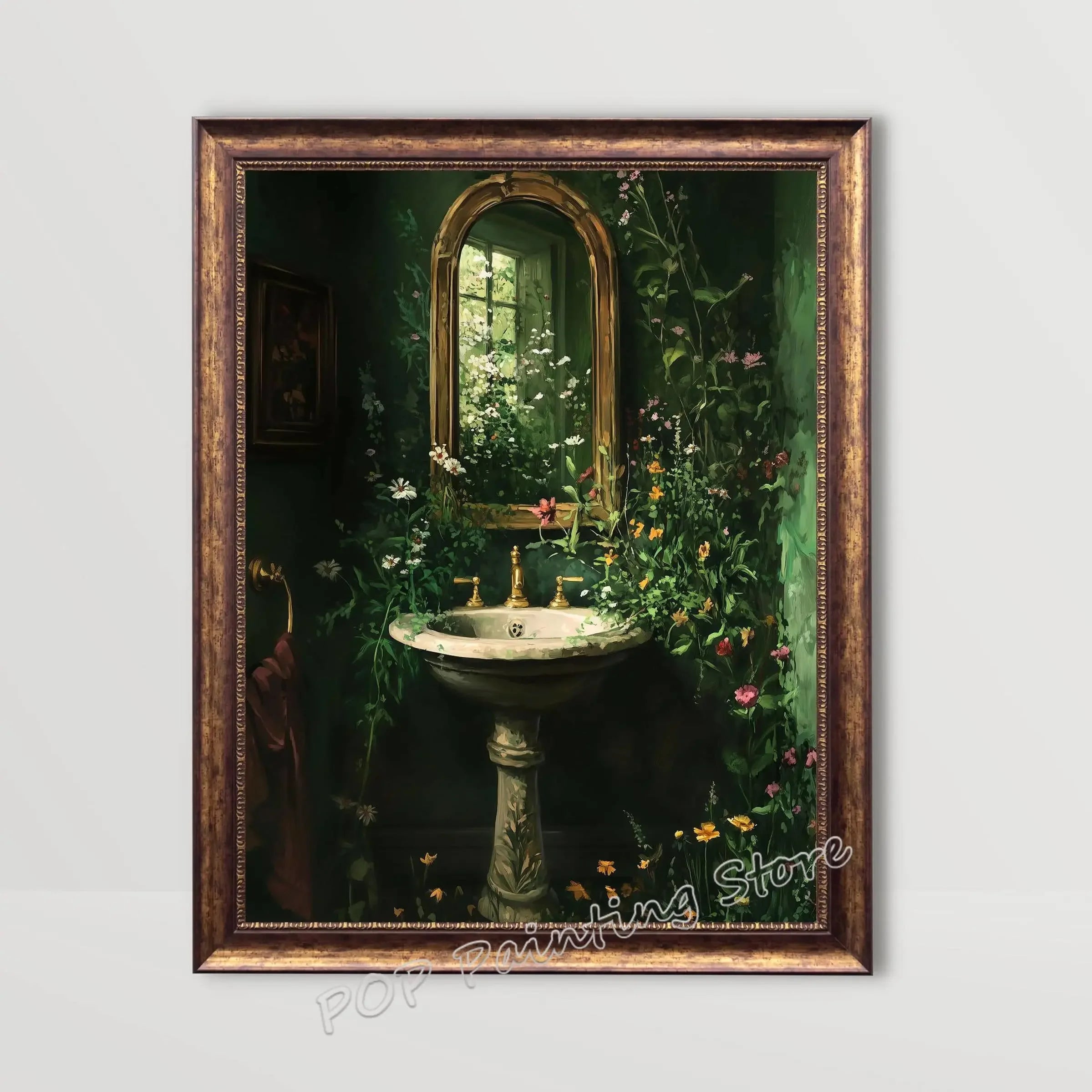 Whimsical Floral Design Bathroom Wall Art Botanical Nature Print Vibrant Green Colors Canvas Modern Restroom Powder Room Decor