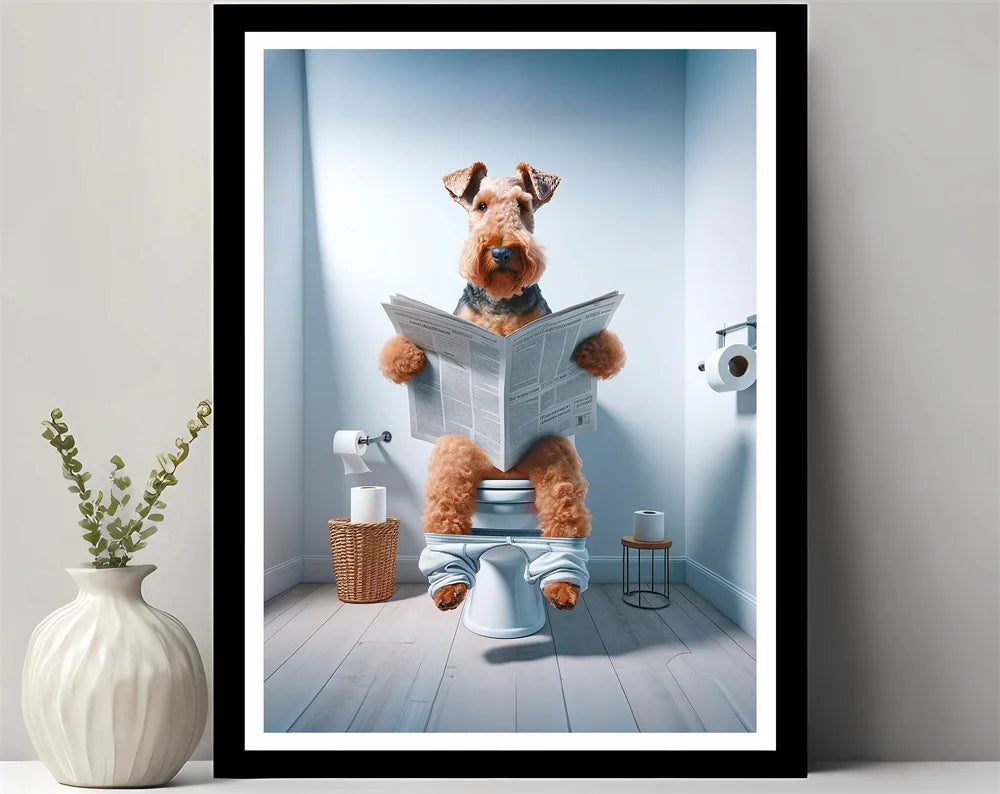 Bathroom Decor Colorful Animals Giraffe Bear Lion Reading Newspaper on Toilet Canvas Poster Fun Wall Art Print Painting Mural