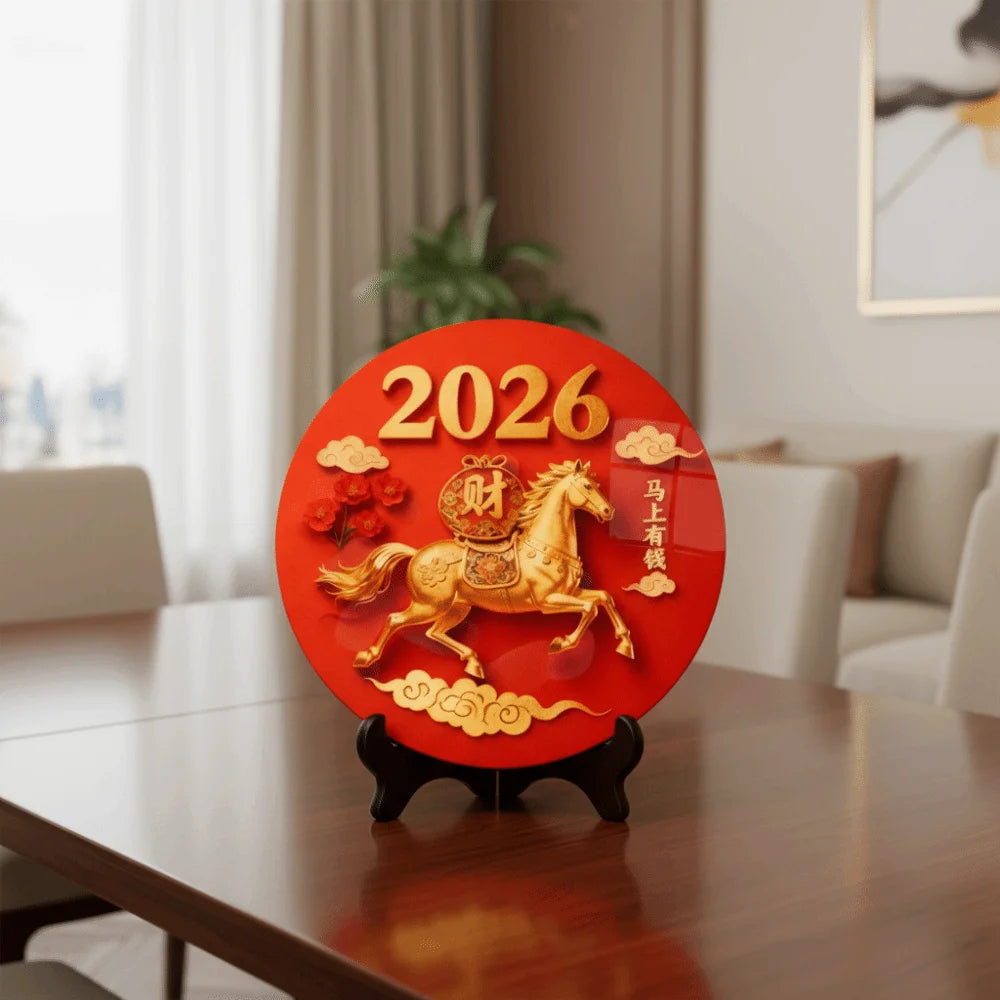Horse Year Decorative Paintings Ornament Round Good Luck Desktop Ornament Wooden Funny Home Decor Ornament TV Cabinets