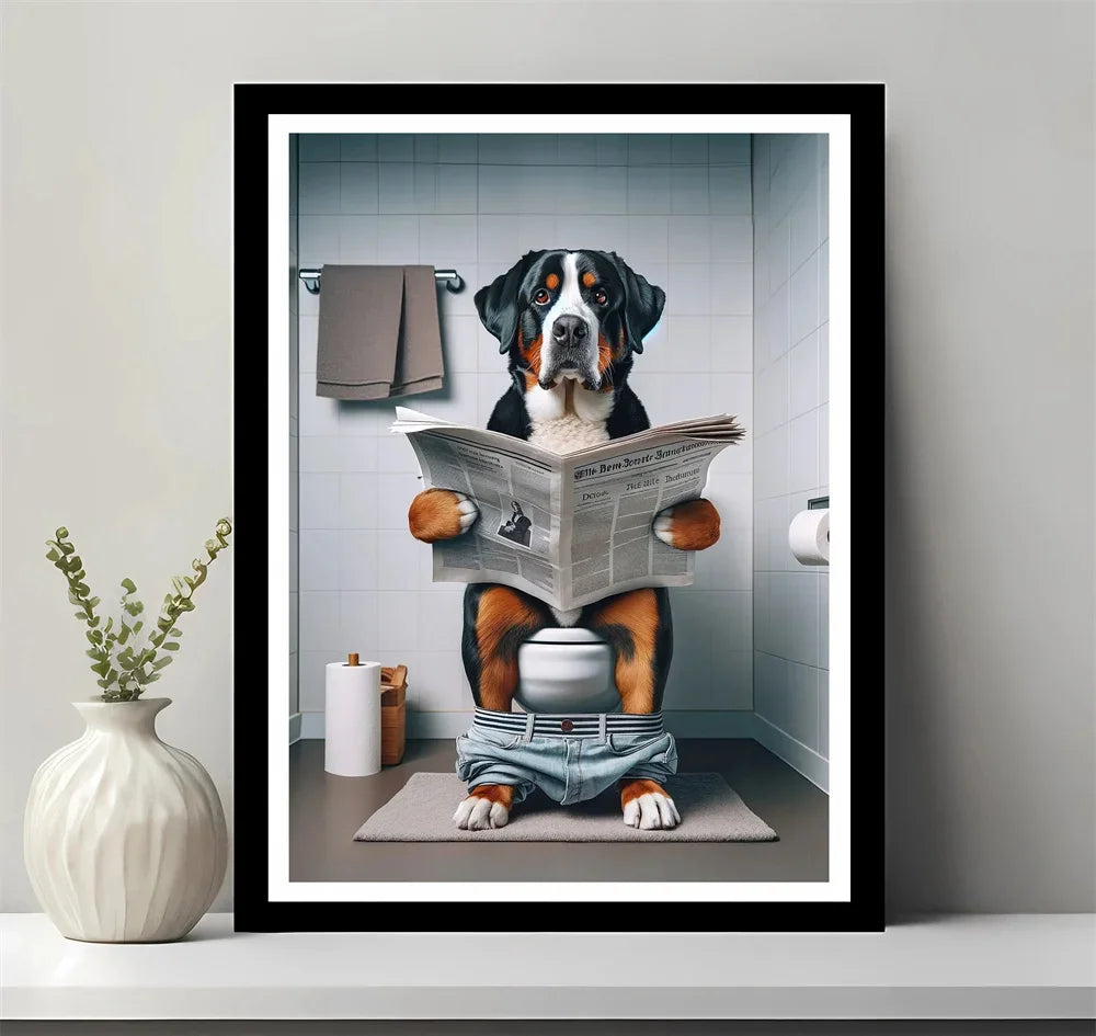 Bathroom Decor Colorful Animals Giraffe Bear Lion Reading Newspaper on Toilet Canvas Poster Fun Wall Art Print Painting Mural