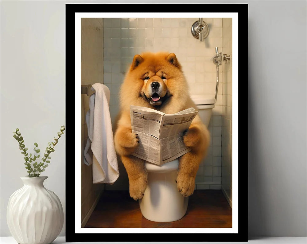 Bathroom Decor Colorful Animals Giraffe Bear Lion Reading Newspaper on Toilet Canvas Poster Fun Wall Art Print Painting Mural