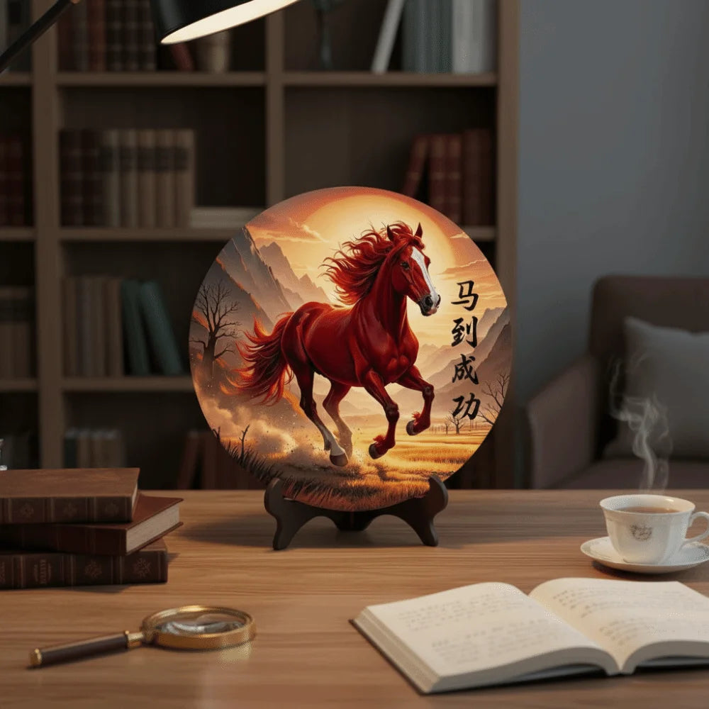 Horse Year Decorative Paintings Ornament Round Good Luck Desktop Ornament Wooden Funny Home Decor Ornament TV Cabinets
